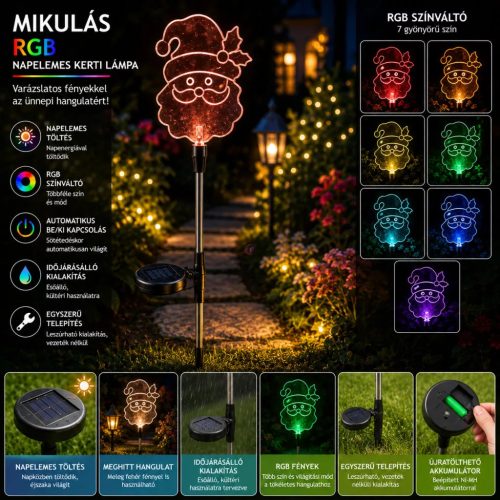 Napelemes Mikulás lámpa 84 cm – RGB LED-es karácsonyi kerti dekoráció