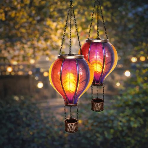 Napelemes hőlégballon lámpa 37 cm – függeszthető, 12 LED-es lánghatással
