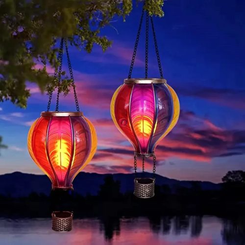 Napelemes hőlégballon lámpa 37 cm – függeszthető, 12 LED-es lánghatással