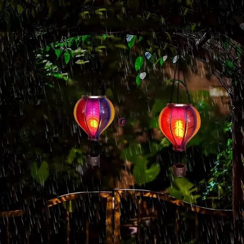 Napelemes hőlégballon lámpa 37 cm – függeszthető, 12 LED-es lánghatással