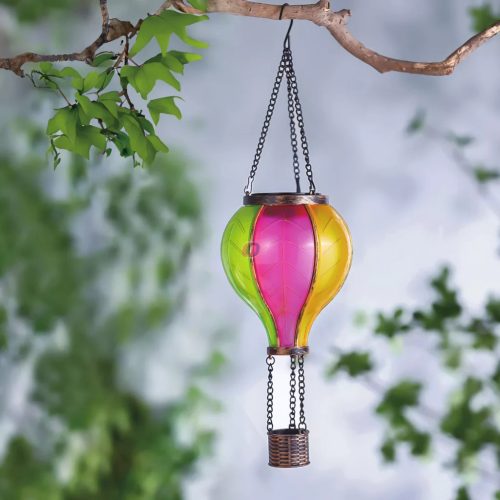 Napelemes hőlégballon lámpa 37 cm – függeszthető, 12 LED-es lánghatással