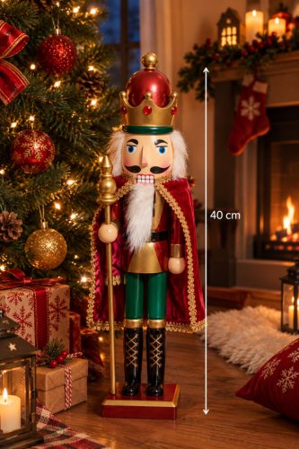Diótörő király dekoráció 40 cm – Piros-arany karácsonyi figura jogarral